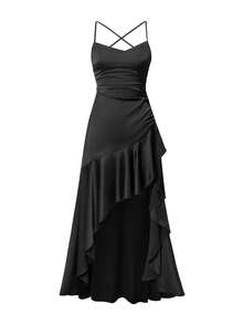 Unadoll 女式性感修身肩带露背高开衩不对称下摆缎面连衣裙，适合约会、派对、度假、圣诞节穿着 - 黑色 - 查看 3