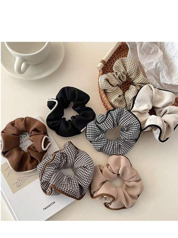 7pcs Houndstooth Hair Scrunchies, Korean Plaid Hair Ties, Hair Bands, Hair Accessories, Vintage Dark Color Fabric, Everyday Use ,Scrunchy Hair Ties