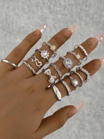 15 件/套时尚女士叠戴戒指套装 - 波西米亚风格蝴蝶结形叠戴戒指，适合休闲度假佩戴