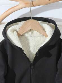 Young Girl Letter Print Fleece Zip-Up Hooded Jacket With Pockets, Suitable For Autumn And Winter. This Jacket Is Suitable, Going To School, As Well As Casual Wear At Home. - Black - View 3