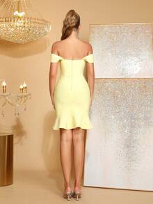 Vestido longo feminino, elegante, feito à mão, com contas de unha, ombro de fora, costas nuas, com babados, amarelo, comprimento até o joelho, para casamento, dama de honra, baile, festa