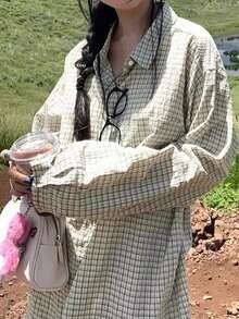 Vintage Niche Ins Style Pleated Plaid Long Sleeve Polo Shirt Women, Casual Outwear - Beige - View 5