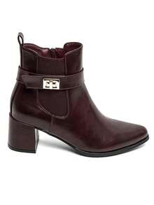 Bottines à talon carré en simili cuir avec bride décorative – noir, marron ou bordeaux - 酒紅色 - 查看 2