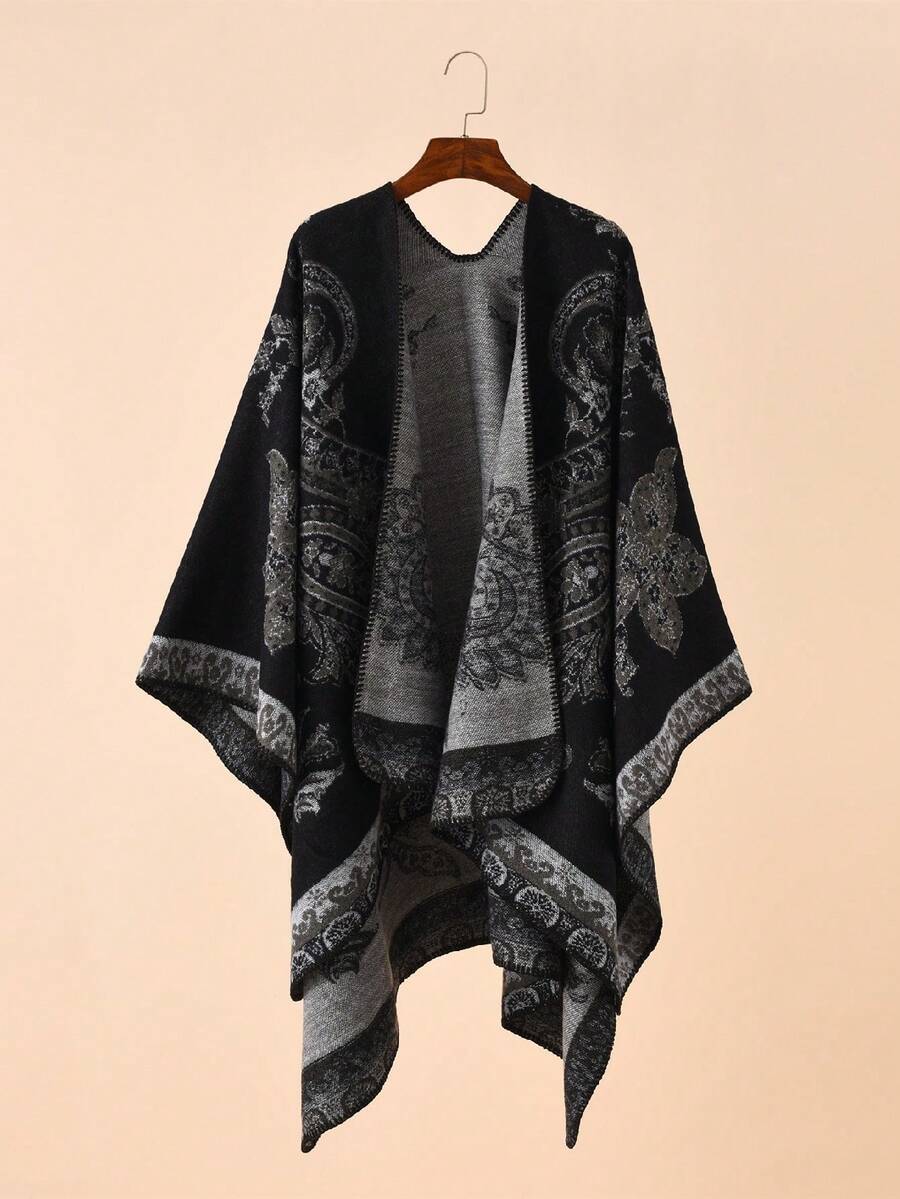 1pc Women's Vintage Floral Jacquard Pattern Bohemian Poncho Shawl, Warm And Cozy For Outdoor, Casual, Travel In Autumn/Winter For Dress