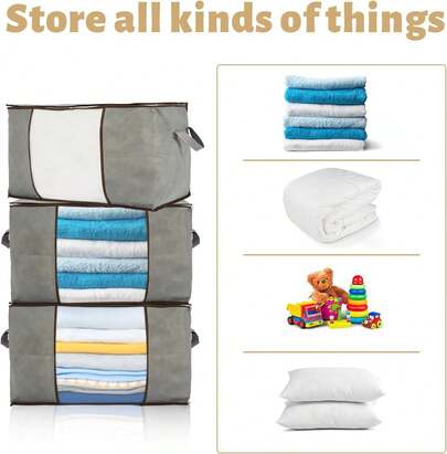 3 Pack Grey Extra Large Strong Clothes Storage Bags Foldable Storage Box Moving Bags With Carry Handles 90L Large