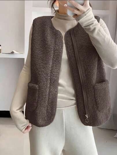 女士纯色羊羔绒拉链前袋修身轻薄背心外套，秋冬季