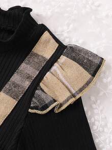 Vestido de manga larga con volantes en los hombros y lazo, a cuadros, de moda para bebé niña, para primavera/otoño - Negro - Ver 4