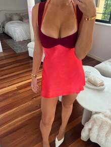 Women Sleeveless Mini Dress Summer Casual Contrast Colors Tie Up Backless Ruched Party Dress For Beach Club Streetwear - Đỏ - Xem 4