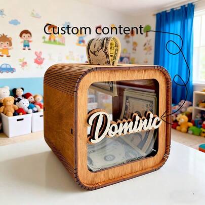 1pc Personalized Piggy Bank, Creative Gift For Boys, Money Saving Box, Cash Box, Room Decor, Wooden Money Box, Customized Coin Bank, Wooden Cash Box