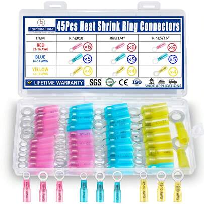 45PCS Marine Grade Heat Shrink Ring Connectors Heat Shrink Wire Connectors Tinned Red Copper #10,1\/4&#34;,5\/16&#34;(3Colors\/12Sizes),16-14 22-16 12-10 Gauge Insulated Crimp Connector Assortment