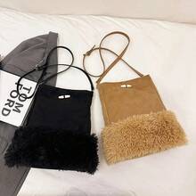 Women's Autumn/Winter Fashion Wool Shoulder Bag, Versatile Ladies Handbag And Wallet, Winter Suede Leather Messenger Bag With Fringe, Fuzzy Bucket Bag, Sheepskin Underarm Bag, Shearling Wool Commuter Shoulder/Crossbody Bag