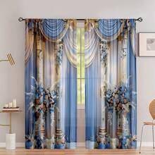 2pcs European Style Elegant Patchwork Pattern Home Textile Digital Printed Curtains, Easy To Hang Design For Privacy Protection, Suitable For Bedroom, Living Room, Kitchen, Study, Dining Room, Game Room, Essential Home Decor - Multicolor 3 - View 4
