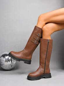 女士休闲舒适厚底系带圆头保暖踝靴，秋冬时尚 - 棕色 - 查看 2