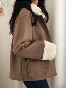 Women's Elegant Casual Wool Blend Jacket With Faux Fur Collar, Button Front Pockets, Long Sleeve Short Coat, Versatile Autumn/Winter Jacket - Khaki - View 4