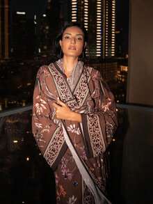 两件套印花开衫长袍，含头巾，中东迪拜风格，春季度假外套 - 棕色 - 查看 4