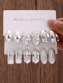 18-6pcs Elegant CCB Hoop Earrings Set, Asymmetrical Triangle, Water Drop, C-Shaped Design Earrings, Daily Wear Ear Jewelry, Holiday Gift - Silver - View 3