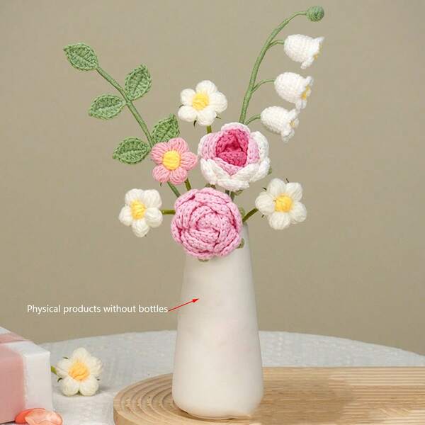 1 Set Finished Home Decor Openwork Rose, Lily Of The Valley Crochet Flowers, Handmade Floral Bouquet, Artificial Flowers, Knitted Flowers, Crochet Flowers, Handcraft Flowers, Valentine's Day Gift, Lucky Flower Bouquet