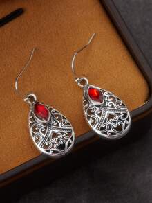 1 par de nuevos pendientes vintage con circonita roja tallada en forma de gota de agua y pera, accesorio de regalo de joyería