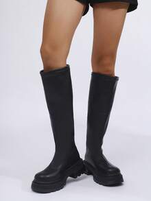 女式高筒靴，新款秋季厚底百褶百搭细跟马靴 - 黑色 - 查看 5