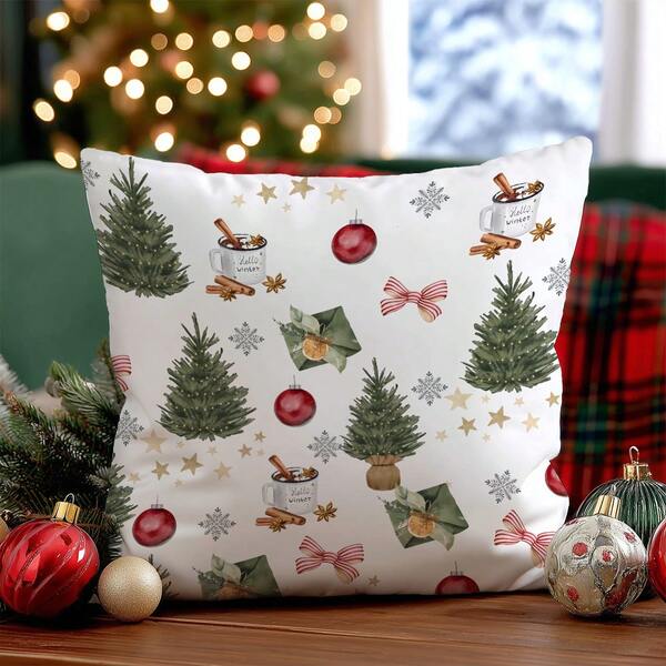 1pc Christmas Simple Christmas Tree & Ornament Print Soft Plush Throw Pillow Cover, 45*45CM Cushion Cover For Room, Living Room, Sofa, Party Decoration, Gift