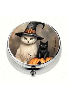 Hộp đựng thuốc 2 ngăn xách tay, hộp đựng vitamin bằng kim loại trang trí, quà tặng Halloween (hình phù thủy, bí ngô, mèo) - Nhiều màu - Xem 12