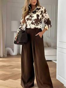 Koszula z nadrukiem w liście z poliestru w kontrastowym kolorze, zapinana na guziki z przodu, codzienna odzież na wiosnę i jesień