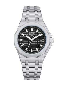 LONGLUX 1 件男士自动机械表带日历，蝴蝶扣钢带，防水，休闲简约设计 - 黑色 - 查看 8