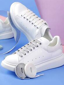 1 Pair Unisex Shiny Iridescent 120cm Flat Double-Layer Shoelaces, Suitable For Sports Shoes, Casual Shoes, Canvas Shoes, In White, Black, Rainbow Colors