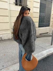 女士圆领宽松短款仿皮草时尚休闲夹克 - 灰色 - 查看 3