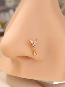 KARYOKO 1 Piece Silver Gold Color Dangle L Shaped Nose Studs For Women Butterfly Design CZ Dangling Nose Rings Unique Original Design Nostril Stud Nose Piercing Jewelry