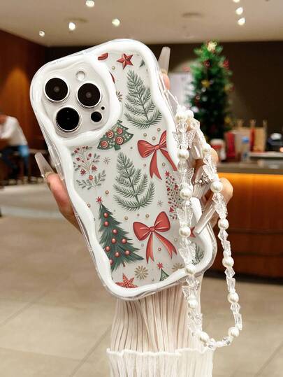 Cream Textured Wavy Edge Bowknot Pine Tree Painted Anti-Drop Phone Case With Handmade Beaded Bracelet, Compatible With IPhone 17pro/17Air /17/17promax16/11/16pro/16plus/16promax/16e/15Promax/13/14/12/XS/XR/7G/8P, Galaxy S25/S25PLUS/S25 Ultra/A16/A36/A26/A56/A50/A12/A32, 11/12Pro/12/12X/13Pro/14Pro/15Pro/, Redmi 10/9/Note9/12c/Note11pro/Note8Pro