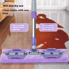 Sistema de limpieza de piso con mopa de polvo profesional de 14" Extra Grande, Juego de mopa plana con 1 almohadilla lavable y reutilizable - Mopas de microfibra para limpieza de pisos de madera, laminado, baldosas, con mango de acero inoxidable, adecuado para limpiar dormitorio, cocina, sala de estar y paredes - Multicolor - Ver 5