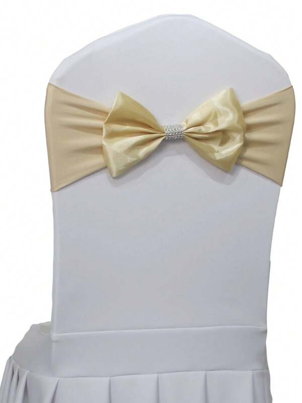 5pcs/10pcs/25pcs Champagne Spandex Chair Bows Satin Chair Ribbon Sash Bow Ties Elastic Stretch Chair Band With Rhinestone Buckle For Banquet Hotel Birthday Party Wedding Event Decoration
