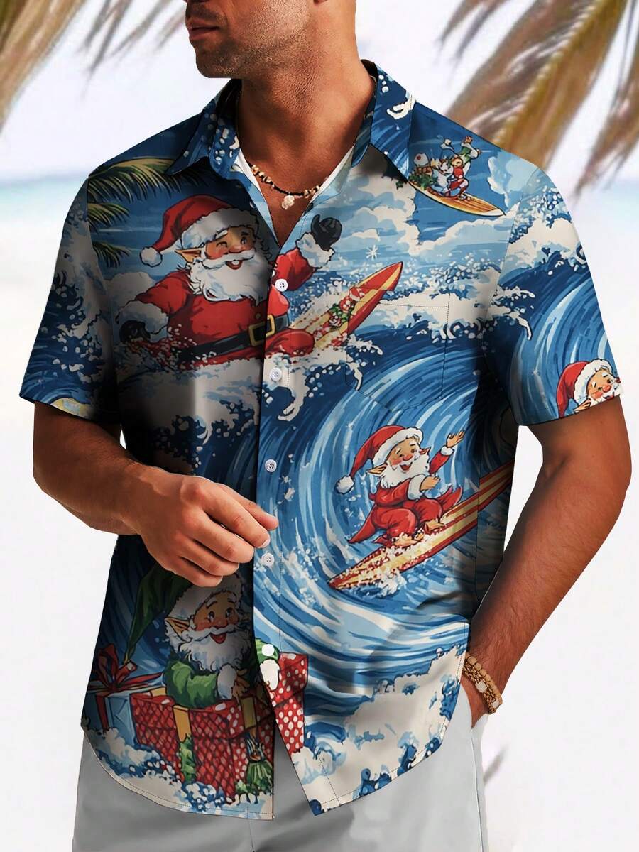 Men's Plus Size Christmas Santa Claus Printed Casual Vacation Outdoor Holiday Surfing Art Pattern 3D Digital Print Lapel Pocket Short Sleeve Shirt