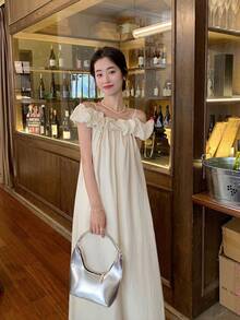 Women Short Dresses - Apricot Dress With Belt - View 2