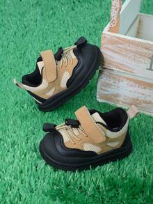 1 Pair Khaki Hook And Loop Baby Sports Shoes With Lace Decor, Mesh Material, Fashion, Comfortable, Versatile, Non-Slip, Durable, Suitable For Toddlers, Daily Wear