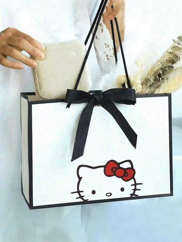 Sanrio 1 Stück Schleife und Hello Kitty Muster Geschenktüte, süßes KT Muster, Papier Geschenktüte, leicht faltbare Einkaufstasche, mit Geschenkband, geeignet für Beste Freundinnen, Freunde, Freundinnen, Ehemänner, Ehefrauen, Partner, besonders für Geburtstage, Weihnachten, Halloween und Thanksgiving. (Die Schleife muss selbst gebunden werden)
