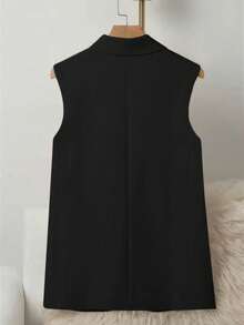 Damska swobodna elegancka uniwersalna minimalistyczna jednokolorowa kamizelka z kieszeniami i imitacją klapy, lekka, uniwersalna do dojazdów do pracy - Czarne - Zobacz 4