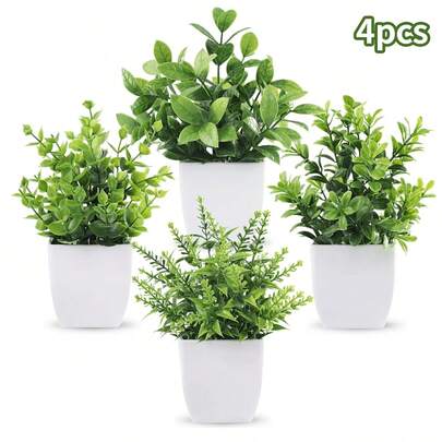 4 piezas de plantas artificiales en macetas pequeñas - Plantas falsas realistas para el hogar, la oficina, el escritorio y la decoración de la habitación, estilo rústico - Accesorios decorativos duraderos y fáciles de mantener