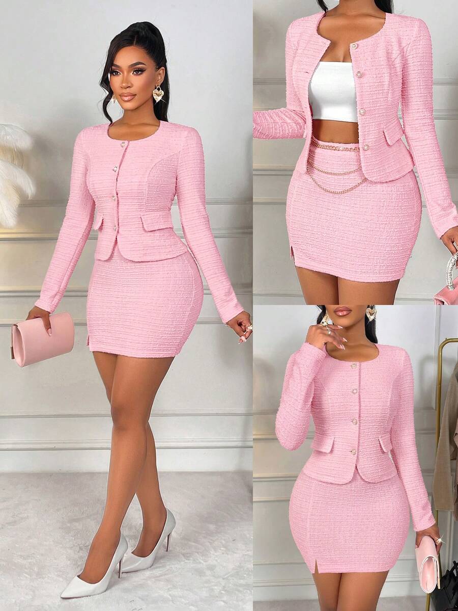 AIJ Amarilo Women's Elegant Solid Color Square Collar Metal Button Blouse And Midi Skirt 2-Piece Set, Versatile For Daily Wear Pink Spring - Pink - View 1