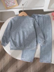 2pcs Girls Casual Outfit, Solid Color Bow Decor Long Sleeve Top And Pants Set, Regular Fit, Spring/Autumn - Light Grey - View 2