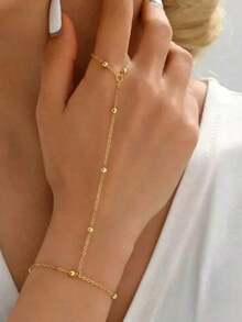 1pc Minimalist Gold Beaded Chain Midi Finger Ring Bracelet For Women - Elegant Stackable Hand Jewelry Gift Set - Boho Adjustable Ring Bracelet For Party Wedding Daily Wear Finger Ring Bracelet Charm Bracelets For Women - Gold - 查看 1