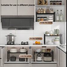 Extensible Cabinet Shelves, Retractable Kitchen Counter Storage Rack, Adjustable Length Food Storage Cabinet Rack And Spice Rack (Black, 1 Piece)