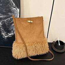 Women's Autumn/Winter Fashion Wool Shoulder Bag, Versatile Ladies Handbag And Wallet, Winter Suede Leather Messenger Bag With Fringe, Fuzzy Bucket Bag, Sheepskin Underarm Bag, Shearling Wool Commuter Shoulder/Crossbody Bag
