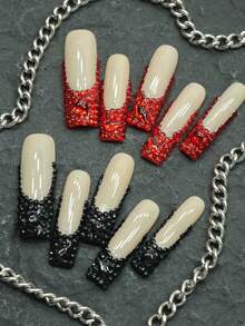 CrystalHola Unhas de Halloween: 10 peças de unhas postiças artesanais, extra longas, estilo balé, base de cor sólida com diamantes tridimensionais vermelhos e pretos, muito brilhantes, adequadas para participar de festas, festivais de música e outras atividades. É a primeira escolha para meninas e mulheres darem presentes.