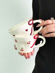 1 pieza Juego de taza y platillo de café de cerámica con diseño de corazón y cereza, taza de café estilo coreano lindo para dama, taza de té pintada a mano con corazón y lazo, taza de té de alta calidad para el té de la tarde, regalo, café árabe