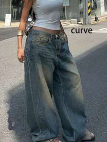 Plus Size Retro Casual Loose Straight Leg Denim Maxi Pants, Fashion & Versatile