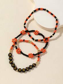 3pcs/Set Halloween Beaded Letter & Floral Elastic Bracelet For Women, Fashionable & Versatile