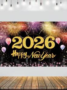 1pc Happy New Year Celebration Backdrop Banner,Glitter Fireworks Balloon Pattern Versatile Polyester Background Cloth For Indoor/Outdoor,Colorful Fireworks Theme Party Decor,New Year Eve Event Party Supplies,Perfect For New Year Photo Booth Wall Background Decoration Party Decorations Supplies Home Decor, 2026 New Years Decorations - Multicolor - View 2