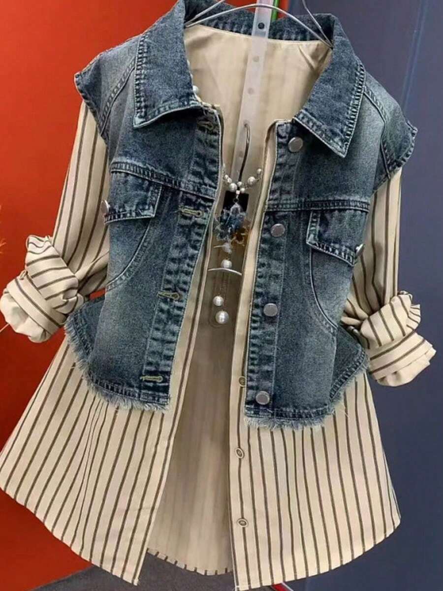 Letter Plain Casual Button Front Pocket Button Stage & Concert Denim Patchwork Shirt Blusas De Mujer - 杏色 - 查看 1